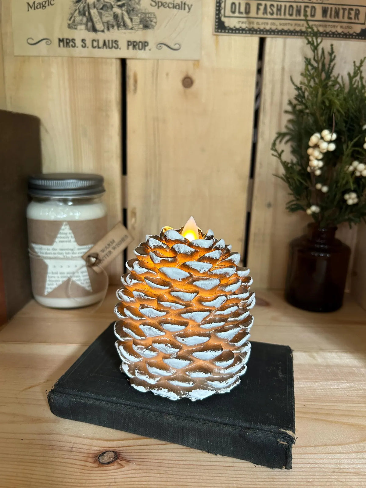 Primitive 4.25" Moving Flame Rustic Lodge Pinecone Candle~