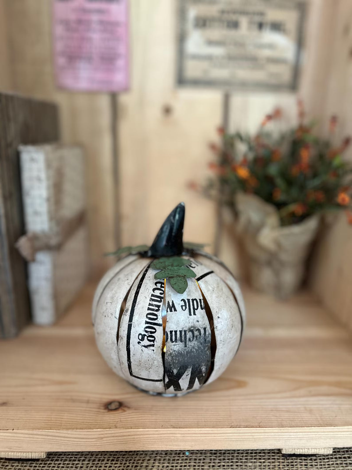 Vintage Primitive Small Metal White Pumpkin Luminary~