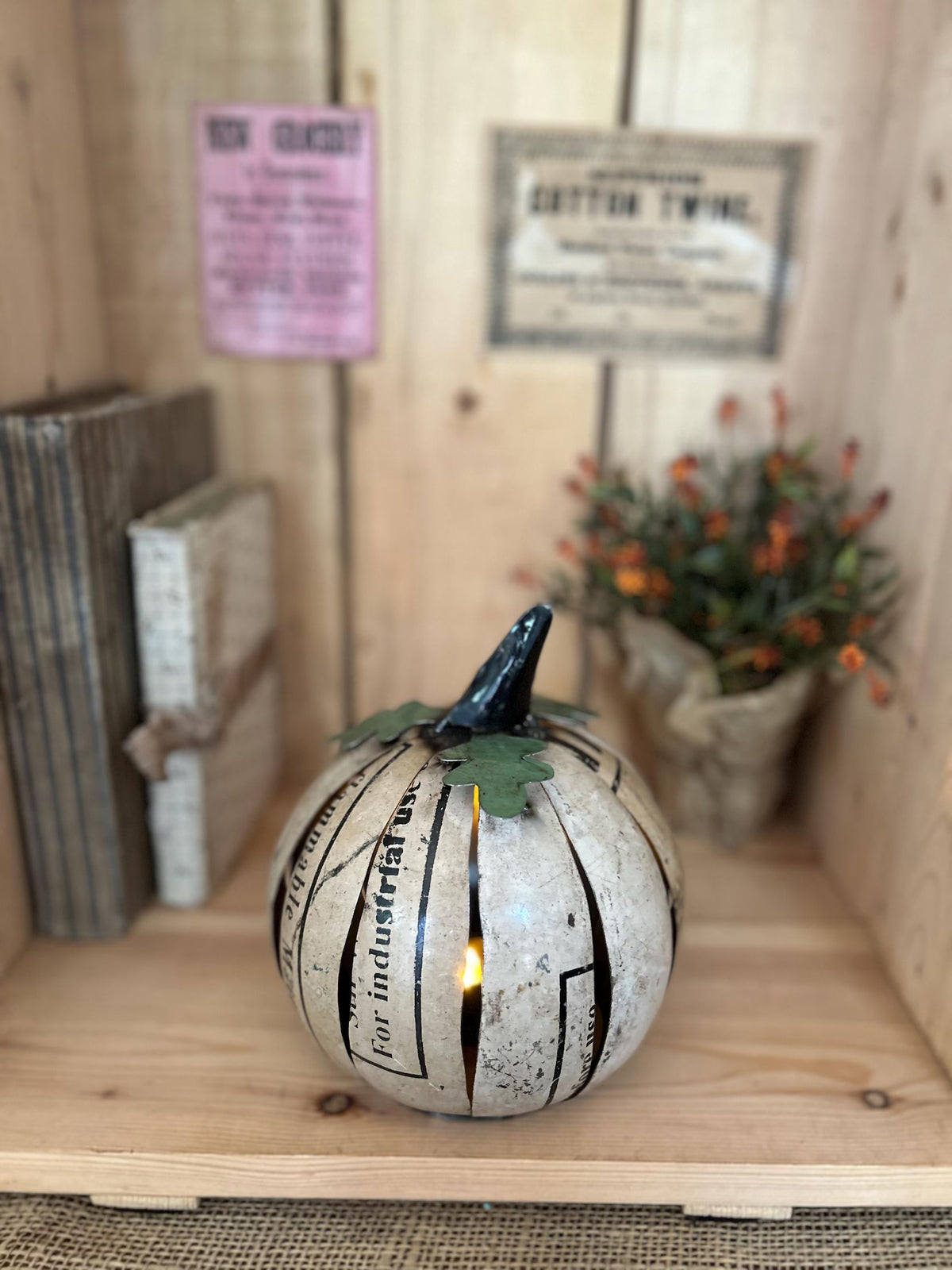 Vintage Primitive Large Metal White Pumpkin Luminary~