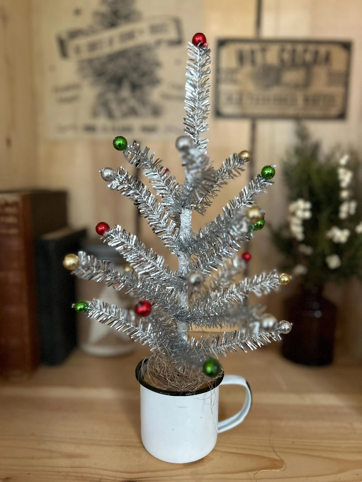 Antique Vintage Look Silver Tinsel Christmas Tree with Colored Ornaments~
