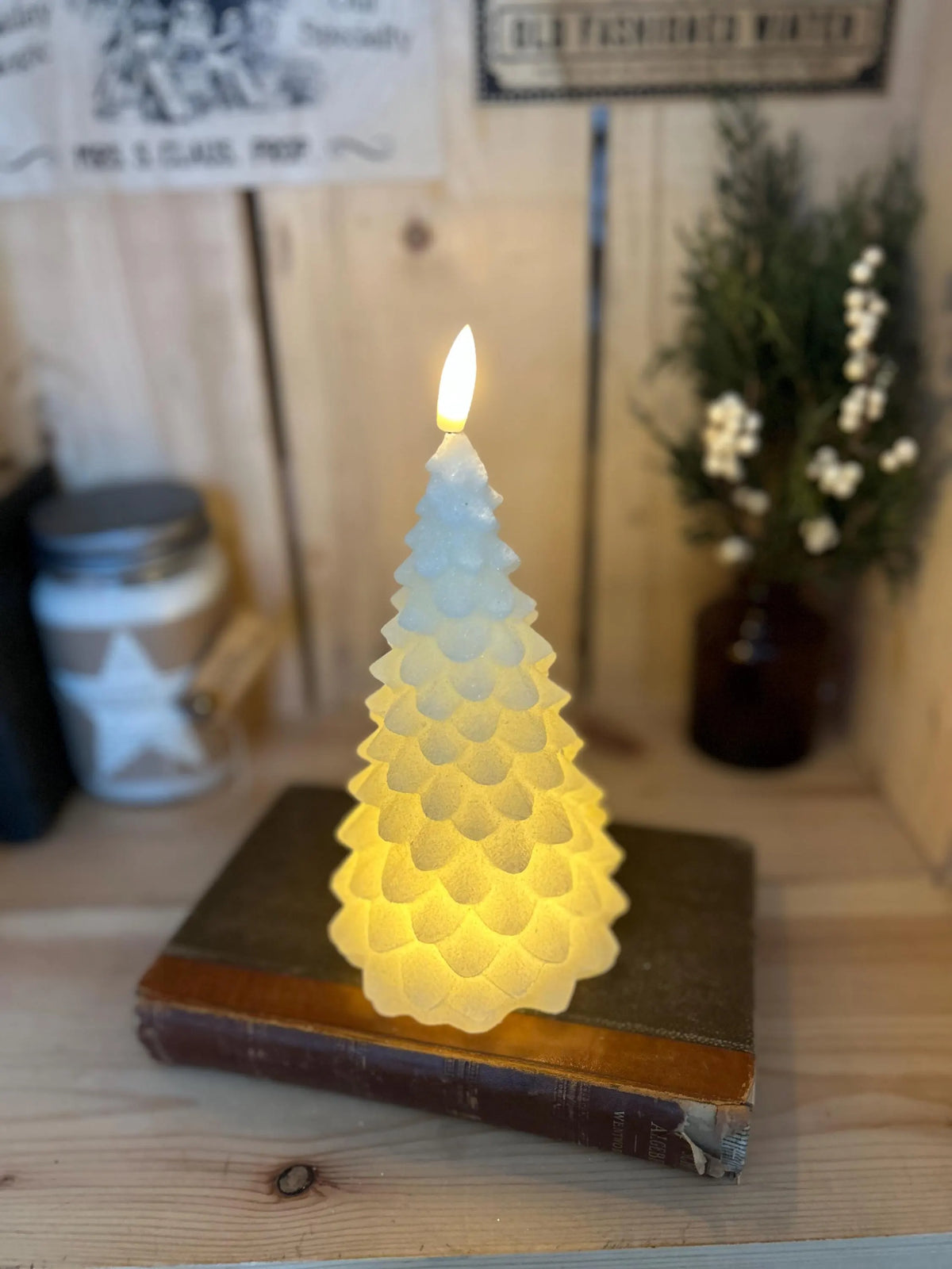 7.5" Cream Shimmer 3D Flame Fir Tree Candle~